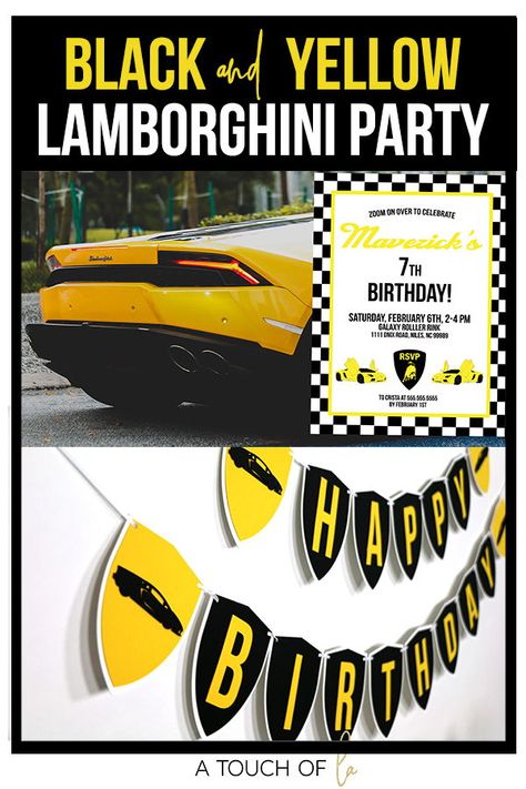 These printable yellow Lamborghini party decorations are the perfect way to plan a SUPER cool party for your kid zooming into their next birthday! Any age is a great age to celebrate with a luxury car party! Get the editable invitation, and printable stickers, favor tags, banners and more!  #lamborghiniparty #lamboparty #lamborghinipartytheme #lamborghinibirthdayparty #lambobirthdaytheme #yellowlamborghiniparty #yellowlamboparty #lamborghinipartydecorations #lamborghinipartydecor Lamborghini Birthday Party Decorations, Luxury Car Birthday Theme, Lamborghini Party Ideas, Lamborghini Themed Birthday Party, Lamborghini Birthday Party Ideas, Circumcision Party, Lamborghini Birthday, Yellow Lamborghini, Red Birthday Party