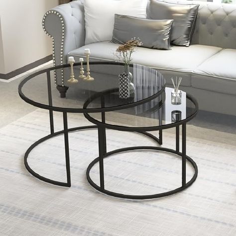 Amazon.com: DEKOPRATIK - Tokyo Coffee Table Round Smoked Glass Set of 2-31.5 Inch - Modern Center Living Room Table Set for Sala, Easy Assembly, Black Metal Frame, Mesas de Centro para Sala : Home & Kitchen Round Black Coffee Table, Round Living Room Table, Dark Wood Coffee Table, Living Room Addition, Round Coffee Table Sets, Center Table Living Room, Coffee Table Round, Round Glass Coffee Table, Living Room Table Sets