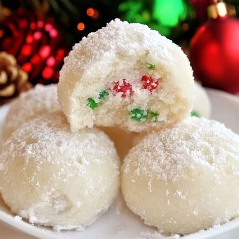 🎄 Christmas Snowball Cookies 🎄 M&m Snowball Cookies, Christmas Snowball Cookies With M&m, Snowballs Cookies, Christmas Snowball Cookies, Christmas M&ms, Snowball Cookies Recipe, Snowball Cookie, Cozy Baking, Christmas Snowball