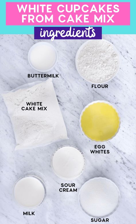 White Cupcakes From Box Cake Mixes, Easy White Cupcakes, White Cupcake Recipe, Box Cake Mix Taste Homemade, Cake Mix Taste Homemade, White Cupcake Recipes, White Wedding Cupcakes, Easy Vanilla Cupcakes, Moist Vanilla Cupcakes