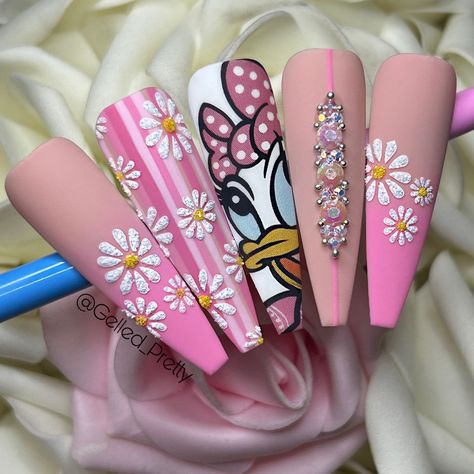 Daisy duck nails Daisy Duck Nails, Bubble Nails, Duck Nails, Nail Art Disney, Disney Nails, Gem Nails, Daisy Duck, Manicure Y Pedicure, Diy Canvas Art Painting