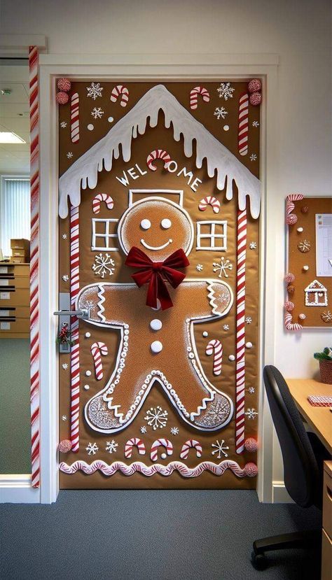 Gingerbread Christmas Theme, Candy Cane Theme Decorations, Christmas Cubicle Decorations, Christmas Door Ideas, Diy Christmas Door Decorations, Door Decorations Classroom Christmas, Icing Designs, Christmas Door Decorating, Candy Letters