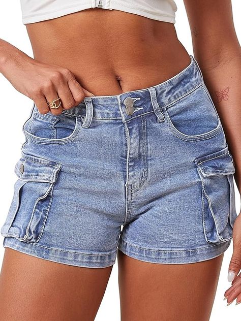 ELLEVEN Cargo Shorts Women Y2K Mini Jean Shorts Denim Jorts with Pockets High Stretch Elastic Waist Cotton Casual Hiking Short Skinny Streetwear Trendy Z-Denim Blue Medium at Amazon Women’s Clothing store Y2k Cargo Shorts, Mini Jean Shorts, Cargo Jean Shorts, Cargo Shorts Women, Shorts Y2k, College Fits, Y2k Shorts, Hiking Shorts, Mini Shorts