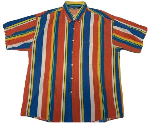 Measurements shown in pictures 2, 3, and 4. Vintage 90s Vertical Striped Button Short Sleeve Shirt Men’s Large Colorful. Condition is Pre-owned. Shipped with USPS First Class Package. 1990s Mens Fashion, Mens Button Up Shirts, 80s Shirts, 90's Fashion, 90s Shirts, Mens Stripes, Fit Ideas, Stripe Shirt, Mens Short Sleeve Shirt