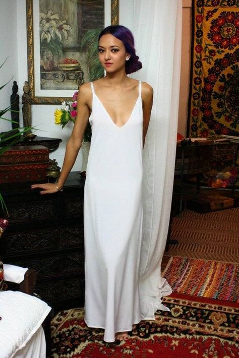 25 Slip Wedding Dresses for the Minimal Bride | Who What Wear 90s Wedding Dress, Slip Wedding Dress, Slip Nightgown, Sheer Gown, White Slip Dress, Deep Plunge, Silk Slip Dress, Wedding Dress Trends, White Slip