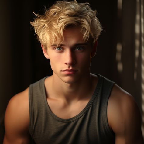 Male Fae Aesthetic Blonde, Blonde Vampire Male, Blonde Medium Length Hair, Fae Aesthetic, Medium Length Blonde Hair, Surfer Hair, Dark Blue Eyes, Blonde Hair Brown Eyes, Ocean Blue Eyes