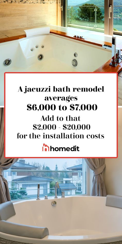 A jacuzzi bath remodel averages $6,000 to $7,000. However, installation costs can add anywhere from $2,000 to over $20,000 to the total cost. Small Bathroom Interior Design, Bathroom Tiles Modern, Interior Board, Jacuzzi Bathtub, Jacuzzi Bath, Modern Luxury Bathroom, Small Bathroom Interior, Bathroom Projects, Home Edit