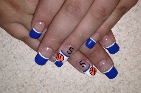 Basketball nails with players number Nails For Basketball Players, Short Nails For Basketball Players, Blue Basketball Nails, Warriors Nails, Basketball Nails Designs, Basketball Nail Art, Nails Basketball, Basketball Manicure, Thunder Nails