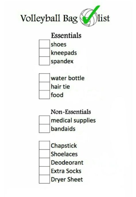 Volleyball essentials Volleyball Bag Checklist, Volleyball Routines, Volleyball Tournament Checklist, Volleyball Checklist, Volleyball Bag Essentials List, Highschool Volleyball, Volleyball Essentials, Volleyball Terms, Valley Ball