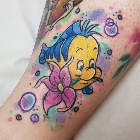 Sebastian And Flounder Tattoo, Colorful Disney Tattoos, Disney Tattoo Color, Disney Tattoos Color, Disney Tattoos Watercolor, Flounder Tattoo, Disney Watercolour, Mum Tattoos, Disney Characters Tattoos