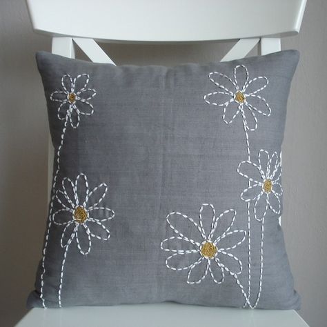 Sukan / Hand Embroidered-Pillow Cover-16x16 Cushion Embroidery, Sewing Cushions, Hand Embroidered Pillows, Sashiko Embroidery, Embroidered Pillow Covers, Cushion Cover Designs, Pola Kristik, Pola Sulam, Sewing Stitches