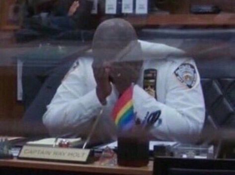 captain holt b99 sad disappointed rainbow gay flag meme Brooklyn 9 9, Jake Peralta, Gay Flag, Brooklyn Nine Nine, Backstreet Boys, Series Movies, Best Shows Ever, Steven Universe, Reaction Pictures