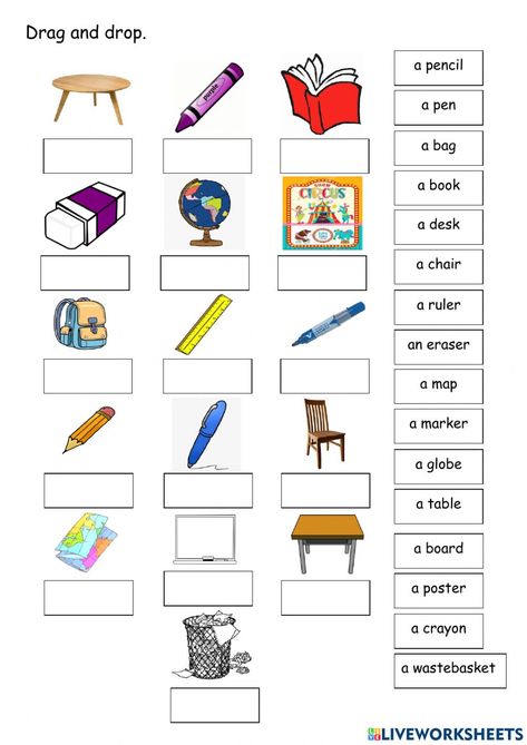 Basic English For Kids, Classroom Objects, School Objects, Number Flashcards, English Activities For Kids, English Worksheets For Kids, School Materials, Kids English, English For Kids