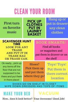 Clean your room is so vagueLet's tell them how to do itAnd make it funI will gladly alter to your needs if you message me. Room Cleaning Tips, Clean Your Room, Cleaning Painted Walls, Cleaning My Room, Kids Cleaning, Vinegar Cleaning, Deep Cleaning Tips, Chores For Kids, Simple Life Hacks