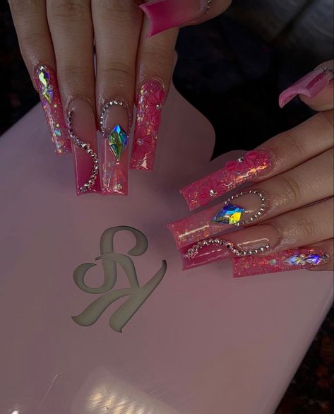 Long Acrylic Nails Hot Pink, Pink Bday Nails Long, Hot Pink Nails Square Long, Barbie Pink Acrylic Nails Bling, Neon Pink Nails With Glitter, Blinged Out Pink Acrylic Nails, Trending Nail Ideas, Long Pink Glitter Acrylic Nails, Birthday Nails Long Bling Pink