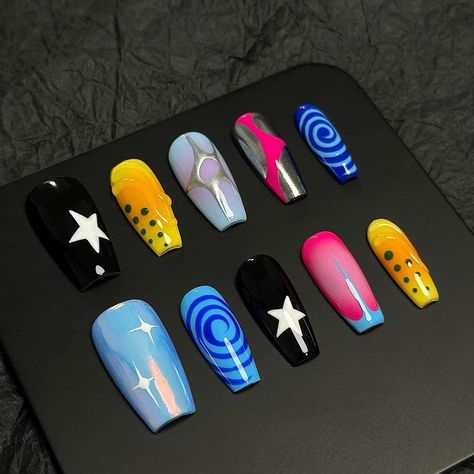 How would you choose among these 4 nail styles? #pressonnails #nails #nailsofinstagram #nailsnailsnails #nailart #y2k #y2knailart #y2knails #fyp #gafanail Hard Box Packaging, Gigi Nails, Cool Nails, Luv Nails, Nails Y2k, Witchy Nails, Queen Nails, Crazy Nails, Nail Styles