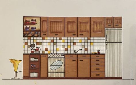 Urban Flair: Bar Interior Vision Kitchen Plan Rendering, Kitchen Rendering Interior Design, Alcohol Markers Interior Design, Floorplan Rendering Marker, Kitchen Elevation Drawing, Kitchen Render, Kitchen Sketch, Kitchen Rendering, Kitchen Elevation