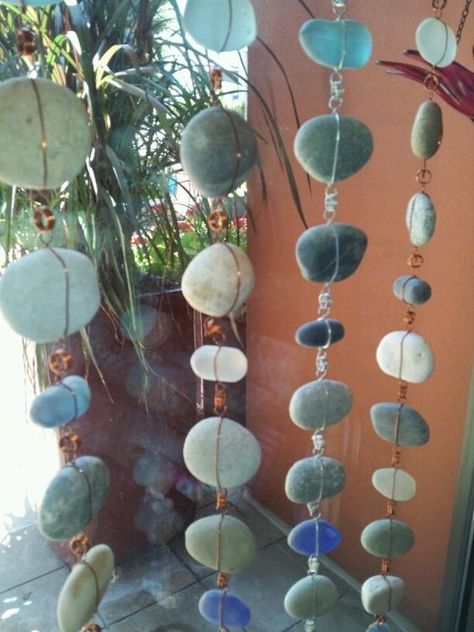 Sea Glass Rain Chain, Glass Wind Chimes Beautiful, Diy Wagon Wheel, Wagon Wheel Wreath, Diy Wagon, Wheel Wreath, Wine Bottle Wind Chimes, Rain Chains, Bamboo Wind Chimes