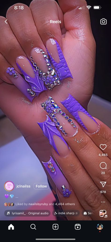 Purple Nails With Rhinestones Bling, Purple Nails With Gems Rhinestones, Birthday Freestyle Nails, Long Purple Nails With Rhinestones, Purple Nails With Butterflies And Rhinestones, Extravagant Purple Nails, Purple Gel Nails, Nail Designs Bling, Bright Nails