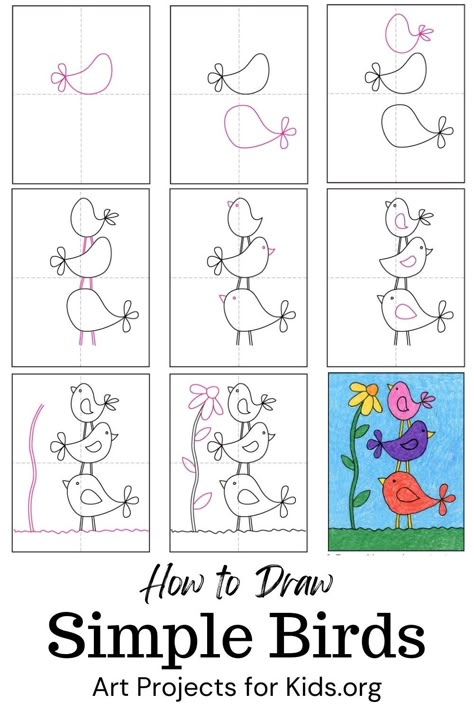 How To Draw Spring, How To Draw A Bird House Step By Step, Draw Birds Easy, Cute Birds Drawing, How To Draw Birds Easy, How To Draw Spring Season, Draw Birds Easy Step By Step, Bird Drawing Tutorial Step By Step, Doodle Birds Simple