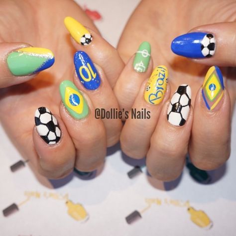 2014 World Cup, Brazil, Nails, Nail Art, Soccer Brazil Inspired Nails, Neymar Nails, Brazil Nails Design, World Cup Nails, Brazil Nails, Soccer Nails, Football Nails, Flag Nails, Dragon Wallpaper Iphone