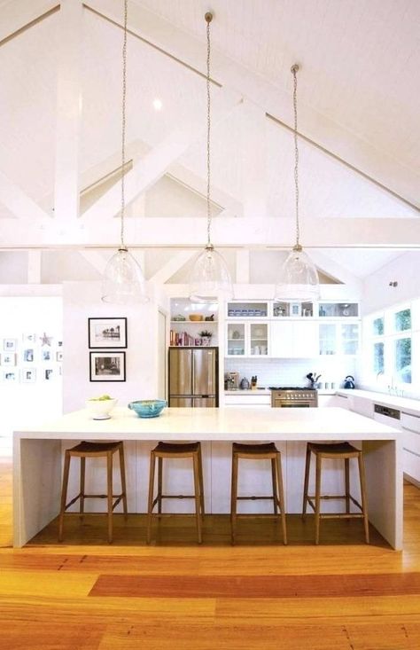 Sloped Ceiling Lighting, Vaulted Ceiling Lighting, Vaulted Ceiling Kitchen, Beach Style Kitchen, Coastal Kitchen Design, Slanted Ceiling, Beach House Kitchens, Pendant Lighting Dining Room, Kitchen Ceiling