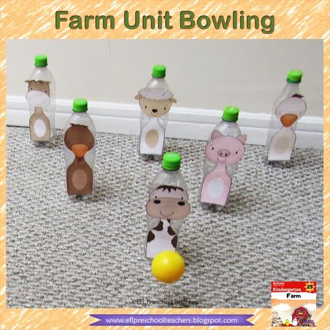 Farm Animals Bowling. Grab some recycled water or soda bottles. Print, cut and glue the farm animal onto each bottle. Find a small ball and play the game. 
English activities.
Let's TALK.
farm animals cutouts Farm Animals Games, Kindergarten Esl, Farm Animals Preschool, Farm Animals Activities, Preschool Activities At Home, Farm Unit, Esl Games, Animal Cutouts, Cut And Glue