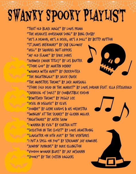 Swanky Spooky Playlist.  40s, 50s, Rockabilly music. Halloween. Spooky Season Songs, Halloween Party Playlist For Adults, Spooky Season Playlist, Vintage Halloween Playlist, Good Halloween Songs, Halloween Birthday Aesthetic, Halloween Party Vintage, Halloween Songs Playlists, Halloween Party Adult Games