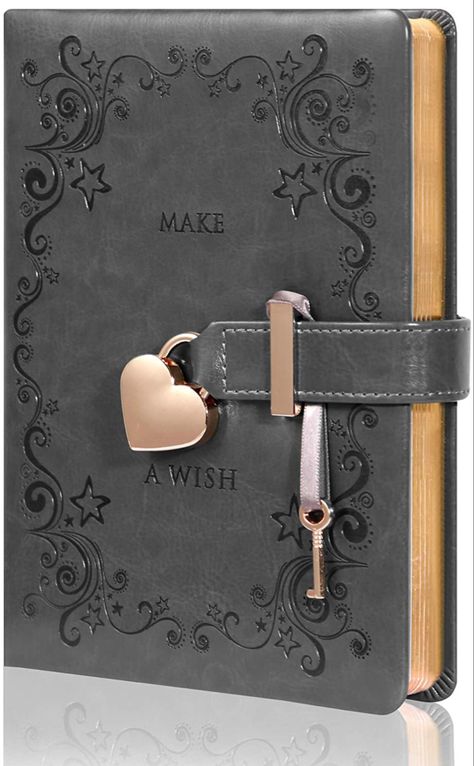 dark gray diary with round edges and rose gold accents embroidered (make a wish) with stars and a rose gold heart shaped lock and key with lined paper Lina Core, Diary With Lock And Key, Journal With Lock, Diary With Lock, Handmade Diary, Cute Diary, Avengers Outfits, Diary Notebook, Rose Gold Accents