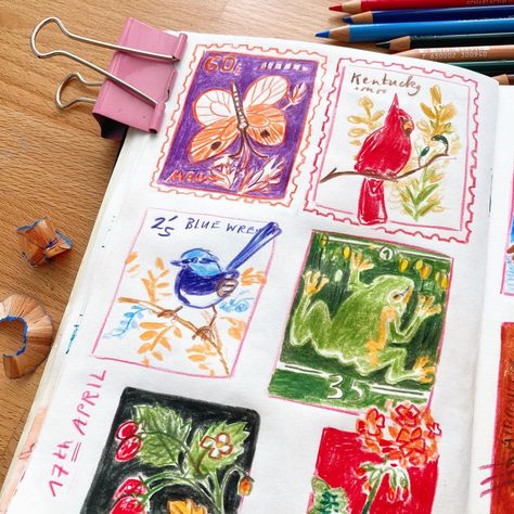 Some vintage stamp doodles from last Wednesday‘s Scribble Brigade livestream with lovely @sophiemcpike 🧡💛❤️ . The slightly unhinged tiger turned out to be my favorite 🐅 (We had 3 minutes for each or these - that’s when the most fun things happen, when you gotta be quick 😉) . Done in colored pencils ✏️ . #coloredpencils #coloredpencilart #illustrationsketch #sketchbooking #vintagestamps Colored Pencil Watercolor, Color Pencil Doodles, Colored Pencil Sketchbook, Colored Pencil Doodles, Stamp Doodle, Crayon Doodles, Sketchbook School, Colored Pencils Sketch, Sketchbook Spreads