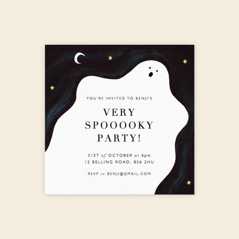 Customizable Spooky Ghost Party Invitation designed by Papier. This flat invitation printed on white Mohawk paper with a matt, eggshell finish. The invitation measures 5. 25" x 5. 25" and can be fully customized. Ghost Theme Party, Holiday Party Crafts, Digital Invitations Design, Halloween Layout, Ghost Party, Autumn Invitations, Halloween Letters, Unique Birthday Cards, Halloween Flyer