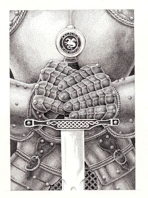 Illustration, Pointillism, Suit of Armor, King Arthur, Excalibur Excalibur Illustration, King Arthur Quotes, Armor King, King Arthur Excalibur, Roi Arthur, Cross Hatching, Suit Of Armor, King Arthur, Drawing Reference