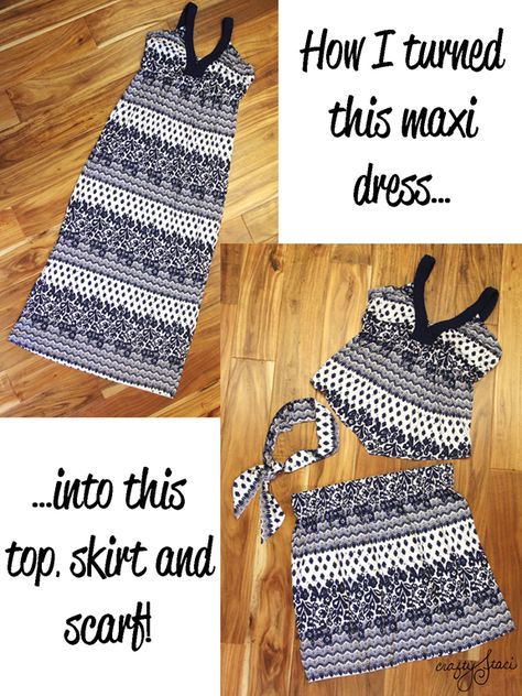 How I turned this new maxi dress, that didn't fit as well as I'd hoped, into this cute top, skirt and scarf! How To Turn A Dress Into A Top, Dress Into Two Piece Diy, Dress Into Skirt, Crafty Staci, Sewing Upcycle, Upcycled Sewing, Thrifted Clothes, Old Jars, Trash Into Treasure