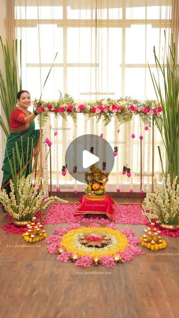 Swati Bora on Instagram: "✨Ganpati Bappa Moriya ✨ (for links send this reels over to my DM)

✨Tyauhaar Ki Tyaari ✨

Products: @furniblooms
Website: www.furniblooms.com

✨ Going grand this season, I’ve used @furniblooms grand Mandapam backdrop, which is immense and versatile, making Bappa’s arrival more unique and magical. 

✨ Colorful garlands are added for vibrant touch to Mandir setup, enhancing the visual appeal. Their unique patterns and hues create a magical atmosphere, drawing attention to the sacred elements.

✨ The presence of an urli creates a serene and inviting atmosphere, enhancing the spiritual ambiance and offering a focal point for devotion and reflection.

✨ Fresh flowers for Rangoli provide a vibrant and aromatic touch. The natural colors and textures of the petals create Ganpati Bappa Decoration At Home, Best Ganpati Decoration At Home, Ganpati Decoration At Home Unique, Ganpati Backdrop, Atmosphere Drawing, Decoration Ganpati, Backdrop Frames, Flower Garland Backdrop, Flower Decoration For Ganpati