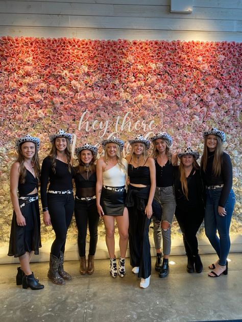 Cowgirl Hen Do Outfits, Black Cowgirl Bachelorette Outfit, Midnight Cowgirl Bachelorette, Western Bachelorette Party Outfits Black, Black And White Nashville Bachelorette, Bachelorette Country Outfits, Cowboy Bachelorette Outfit, Bachelorette Cowgirl Theme Outfits, Country Bride Bachelorette Outfit