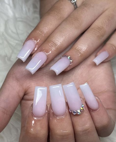 Short Acrylics With Gems, White And Pink Ombre Nails With Jewels, Ombre Nails With Jewels, Ombré Nails With Gems, White And Pink Ombre Nails, Pink And White Ombré Nails, White Ombré Nails, White And Pink Ombre, Nails With Jewels