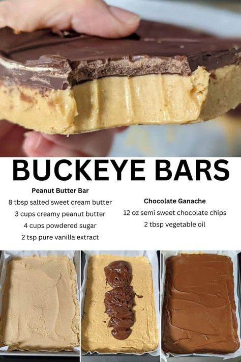 Buckeye Bars is a simple no-bake peanut butter and chocolate dessert recipe based on the classic Ohio state candy ball but made easier in bar form. This naturally gluten-free sweet treat can be prepared in 15 minutes using only 6 ingredients. Christmas Buckeye Balls, Ohio Buckeyes Recipe, Peanut Butter Bars No Bake, Chewy Peanut Butter Bars, Buckeye Bars Recipe, Buckeye Bars, No Bake Peanut Butter Bars, Peanut Butter Buckeyes, Buckeyes Recipe