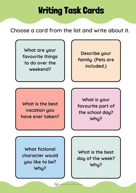 This is a great EFL activity where students choose a card from the list and write about it. Speech Topics For Kids, Esl Writing, English Conversation For Kids, Speaking Activities English, Basic English Grammar Book, Teach English Online, English Newspapers, English Teaching Materials, English Activities For Kids