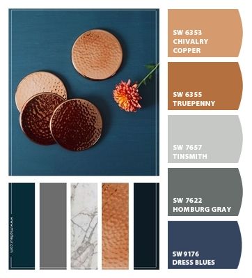 Paint colors from ColorSnap by Sherwin-Williams Interior Design Blue Palette, Gray Blue Brown Color Scheme, Navy Accent Color Scheme, Copper Blue Color Scheme, Rust Navy Blue Color Palette, True Blue Color Palette, Cooper Color Scheme, Navy Copper Color Palette, Navy And Grey Paint Scheme