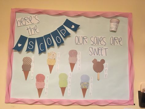 Ice Cream Themed Bulletin Board, Ice Cream Door Decs, Ice Cream Classroom Theme Bulletin Boards, Here's The Scoop Bulletin Board, Ice Cream Door Decorations Classroom, Ice Cream Bulletin Board Ideas, Ice Cream Bulletin Board, Staff Bulletin Boards, Pta Bulletin Boards