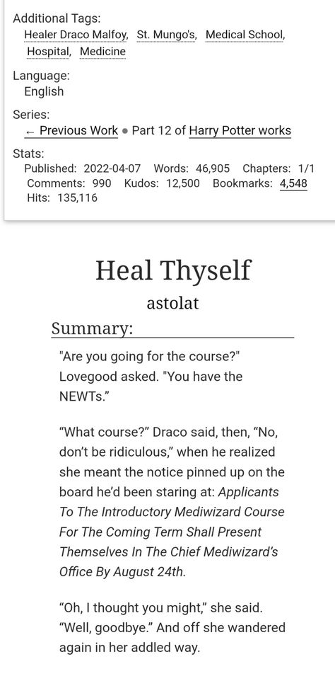 Harry Potter/Draco Malfoy | 46,905 words | Most of the fanfic is about Draco getting through his career as a healer, it's going fast because he's GOOD Healer Draco Malfoy, Harry Potter Words, Harry Potter Draco, Hp Ships, Heal Thyself, Harry Potter Draco Malfoy, Medical School, Draco Malfoy, Harry Potter