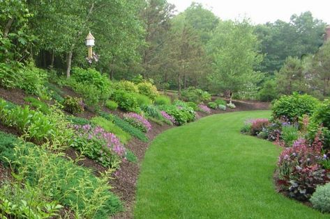 The Challenge of a Hill . . .: This photo shows both the garden on the hill and the garden that surrounds our patio. Backyard Hill Landscaping, Hill Landscaping, Sloped Backyard Landscaping, Landscaping A Slope, Landscaping On A Hill, Large Backyard Landscaping, Patio Grande, Sloped Yard, Hillside Garden