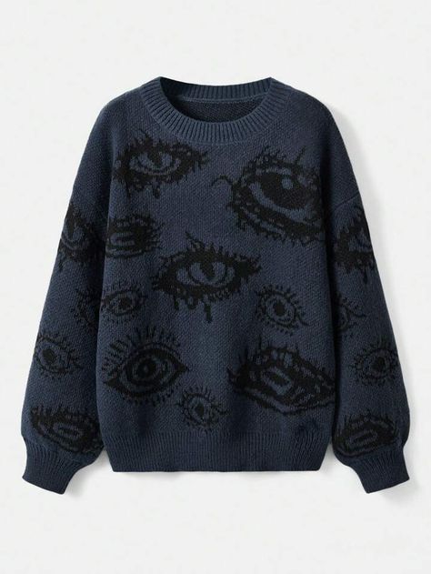 ROMWE Grunge Punk Women's Eye Pattern Round Neck Sweater | SHEIN Grunge Fashion Winter, Punk Plus Size, Eye Sweater, Creepy Clothes, Dark Sweater, Punk Woman, Casual Pullover Sweater, Lantern Sleeve Sweater, Plus Size Pullover