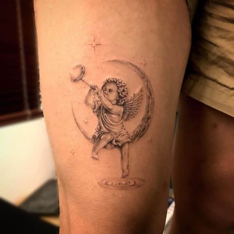 Best Baby Angel Tattoo Designs 2 Angel Tattoo Meaning, Cherub Tattoo Designs, Baby Angel Tattoo, Tato Tradisional, Cupid Tattoo, Cherub Tattoo, Female Tattoos, Saved Tattoo, Men Tattoos