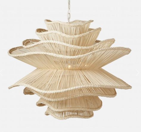 The Elba Chandelier in Natural White is rather abstract shape inspired by flowers, offering layers of rattan, with densely braided edges coax them into waves, provide a soft, diffused light. Perfect for the coastal home entry, dining table, bedroom and more. Overall Dimensions: Small: 22"dia x 18"h (six layers) Medium: 30"dia X 23"h (six layers) Large: 40"dia X 32"h (eight layers) Material: Rattan Finish: Natural White Additional Details: 5-lights per fixture Cord: 94" per fixture Canopy: 5"dia Coastal Light Fixtures, Making Centerpieces, Coastal Chandelier, White Rattan, Coastal Lighting, Rattan Chandelier, Abstract Shape, Cool Mirrors, White Chandelier