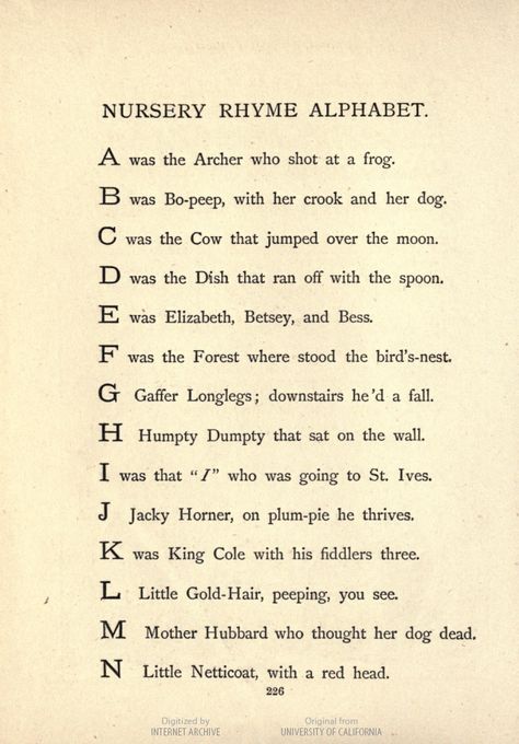 A "Nursery Rhyme Alphabet," in Mother Goose's Nursery Rhymes, 1877. Nursery Ryhmes, Universal Prayer, Nursery Rhymes Poems, Best Nursery Rhymes, Old Nursery Rhymes, Old Poetry, Nursery Rhymes Lyrics, Childrens Poems, John Gilbert