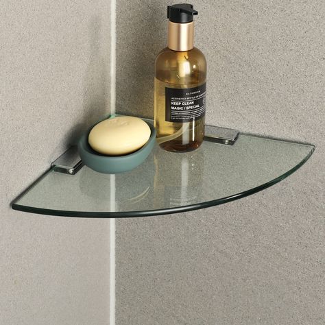 PRICES MAY VARY. 2/7 INCH THICKEN TEMPERED GLASS - The glass shelf for bathroom with 2/7 thick reinforced tempered glass which is up to five times stronger than ordinary glass and has high thermal strength. Glass bathroom shelf without fussy border, neat and elegant appearance to stand out in any surrounding. LARGE STORAGE CAPACITY & SPACE SAVING - The overall dimension of glass floating shelves is 10”W X 10”D X 4/5”H. The max. load of each bathroom glass shelf is 33lbs. Its extra longer length Floating Shower Shelves, Shower Shelf Ideas, Glass Shelf Ideas, Bathroom Glass Shelves, Bathroom Mirror Inspiration, Bathroom Glass Shelf, Large Wall Clock Decor, Glass Corner Shelves, Wrought Iron Bed Frames