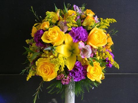 yellow and purple -- Artistic Creations Purple Yellow White Wedding Flowers, Purple And Yellow Bouquet Wedding, Purple And Yellow Roses, Purple And Yellow Flower Arrangements Wedding, Purple Yellow And White Bouquet, Spring Wedding Flowers Centerpieces, Natural Inspiration, Yellow And Purple, Spring Wedding Flowers