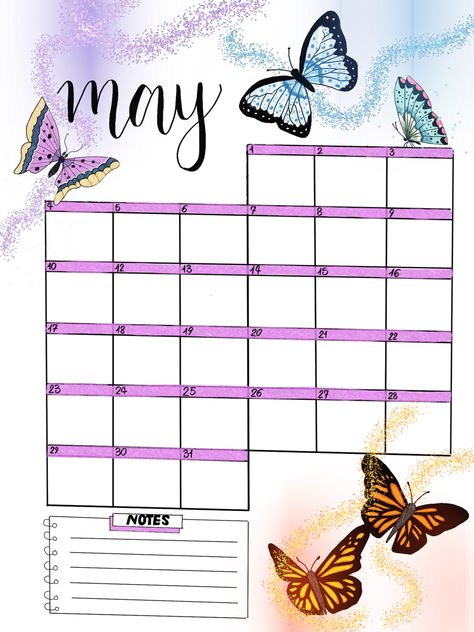 Butterfly Calendar, Bullet Journal Monthly Calendar, April Bujo, Journal Butterfly, Goodnotes Journal, Ramadan Prayer, Calendar May, Month Of May, Bullet Journal Doodles