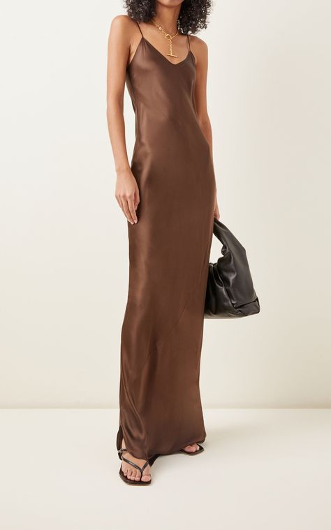 Frock For Ladies, Brown Slip Dress, Brown Silk Dress, Brown Cami, Brown Maxi Dress, Brown Maxi Dresses, Cami Dresses, Long Frock, Strappy Pumps